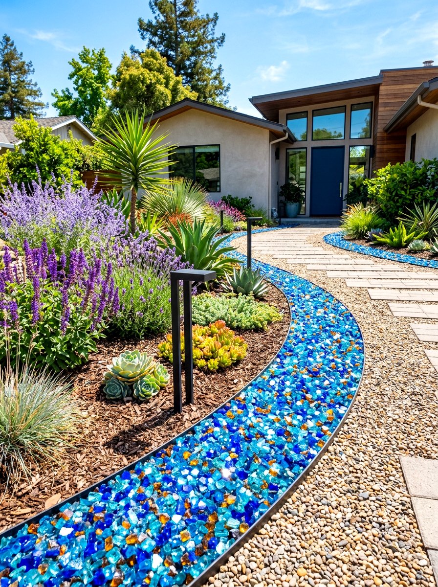 Recycled glass mulch edging - 30 front yard edging ideas