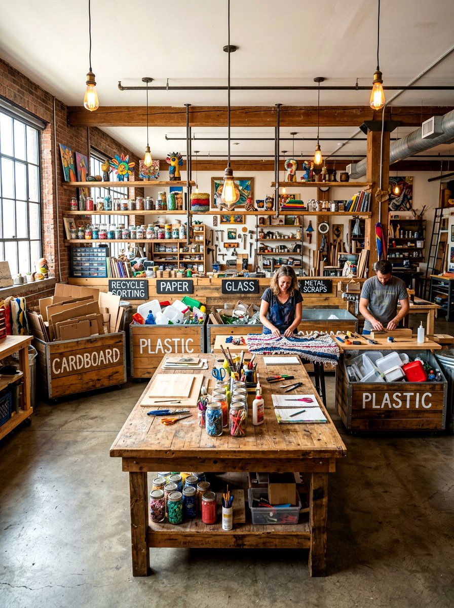 Recycled material craft center - 30 kids craft room ideas