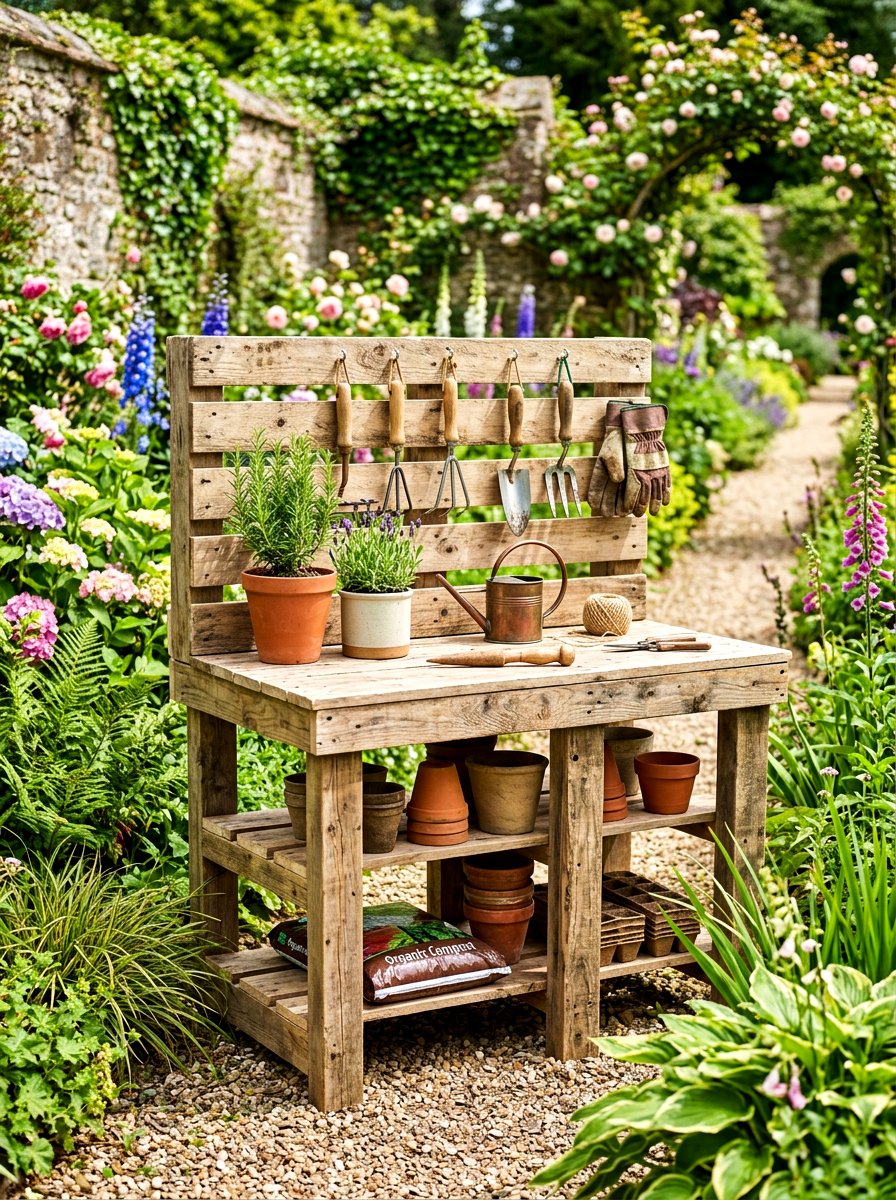 Recycled pallet potting table - 30 potting table greenhouse ideas