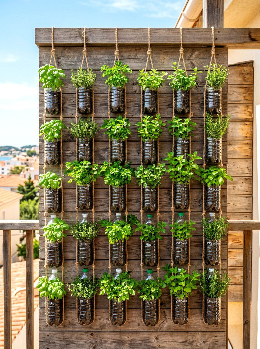 Recycled plastic bottle garden - 30 apartment vertical garden ideas