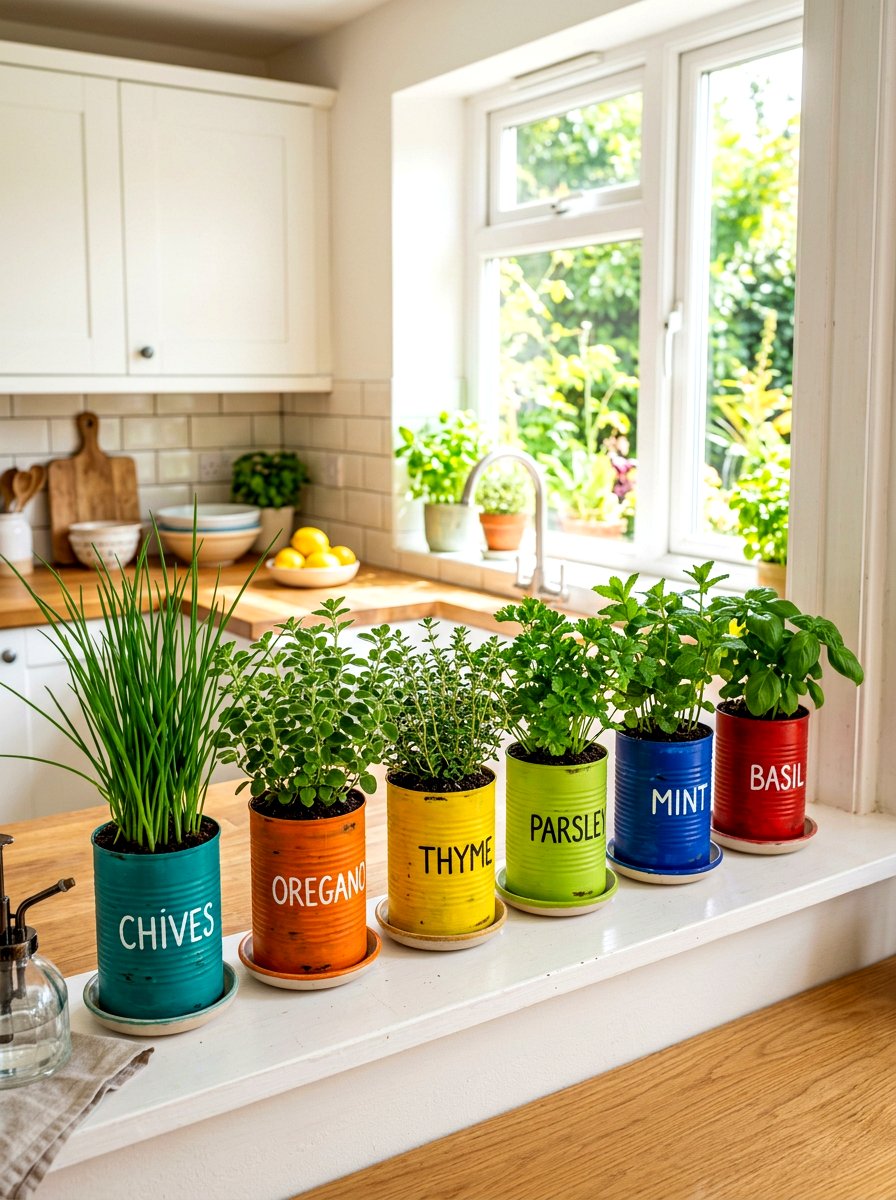 Recycled tin can garden - 30 windowsill herb garden ideas