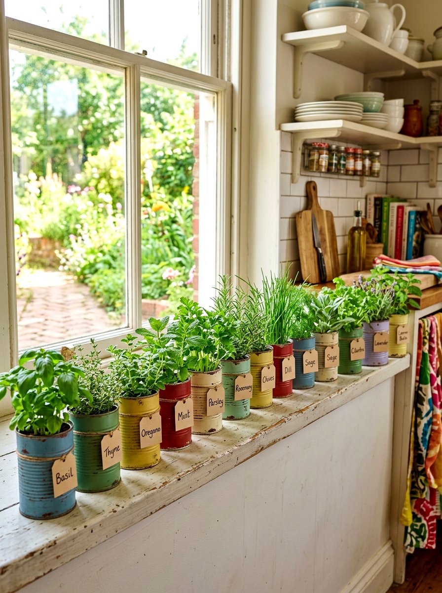 Recycled tin can herb garden - 30 apartment herb garden ideas