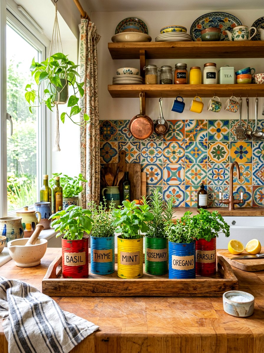 Recycled tin can herb pots - 30 kitchen herb garden ideas