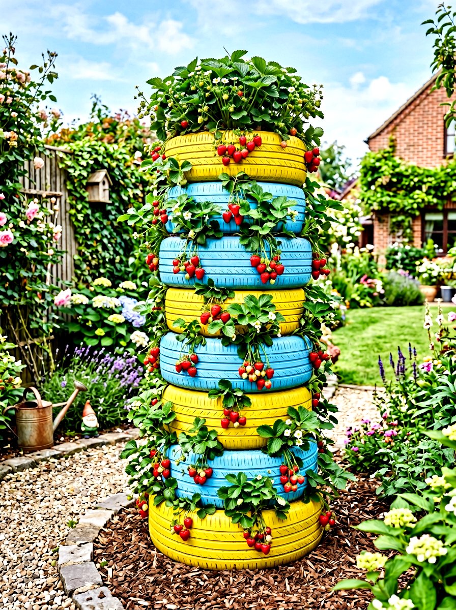 Recycled tire strawberry planter - 30 strawberry planter ideas