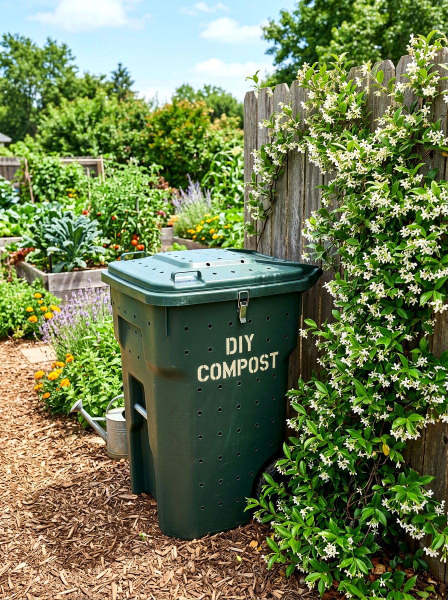 Recycled trash can composter - 30 compost corner garden ideas