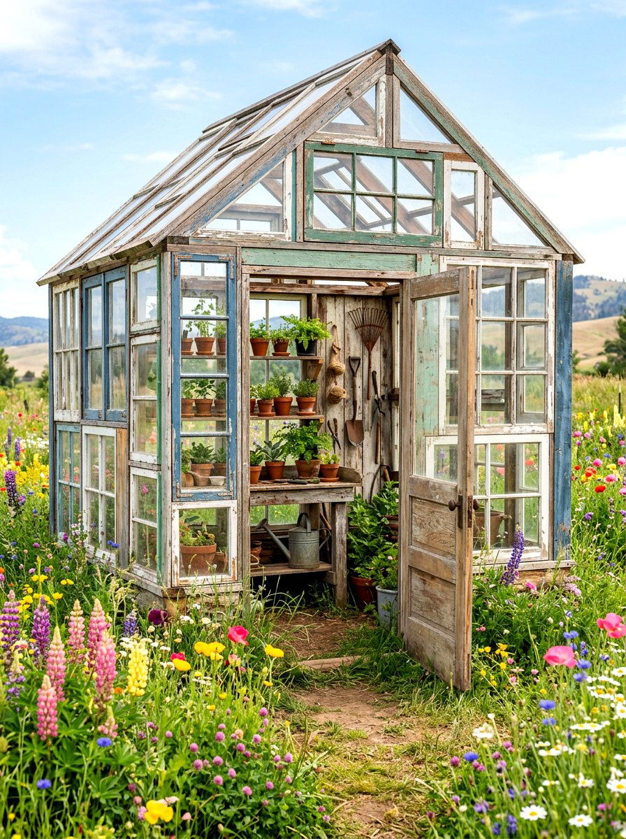 Recycled window greenhouse - 30 backyard greenhouse ideas