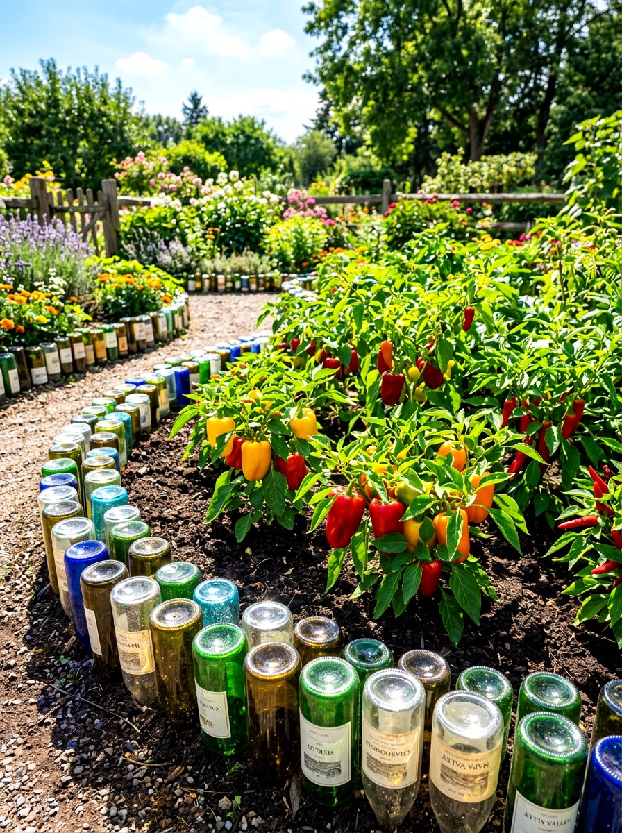 Recycled wine bottles - 30 vegetable garden border ideas