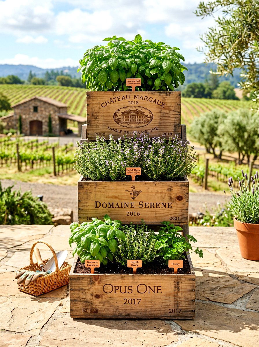 Recycled wine crate garden - 30 backyard herb garden ideas