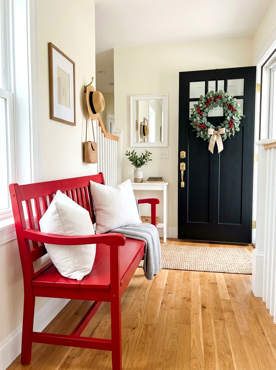 Red Accent Bench - 30 front porch bench ideas
