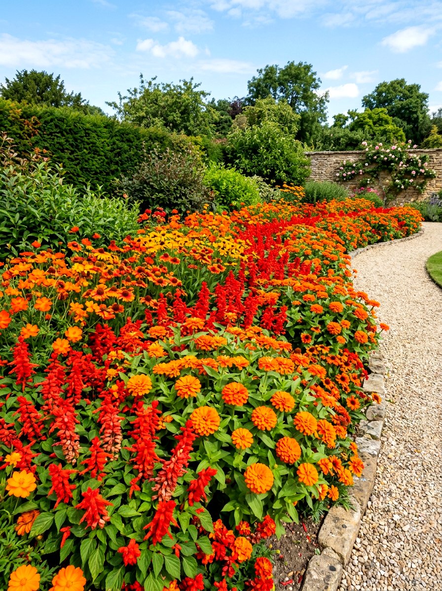 Red And Orange Hot Border - 30 summer annual border ideas