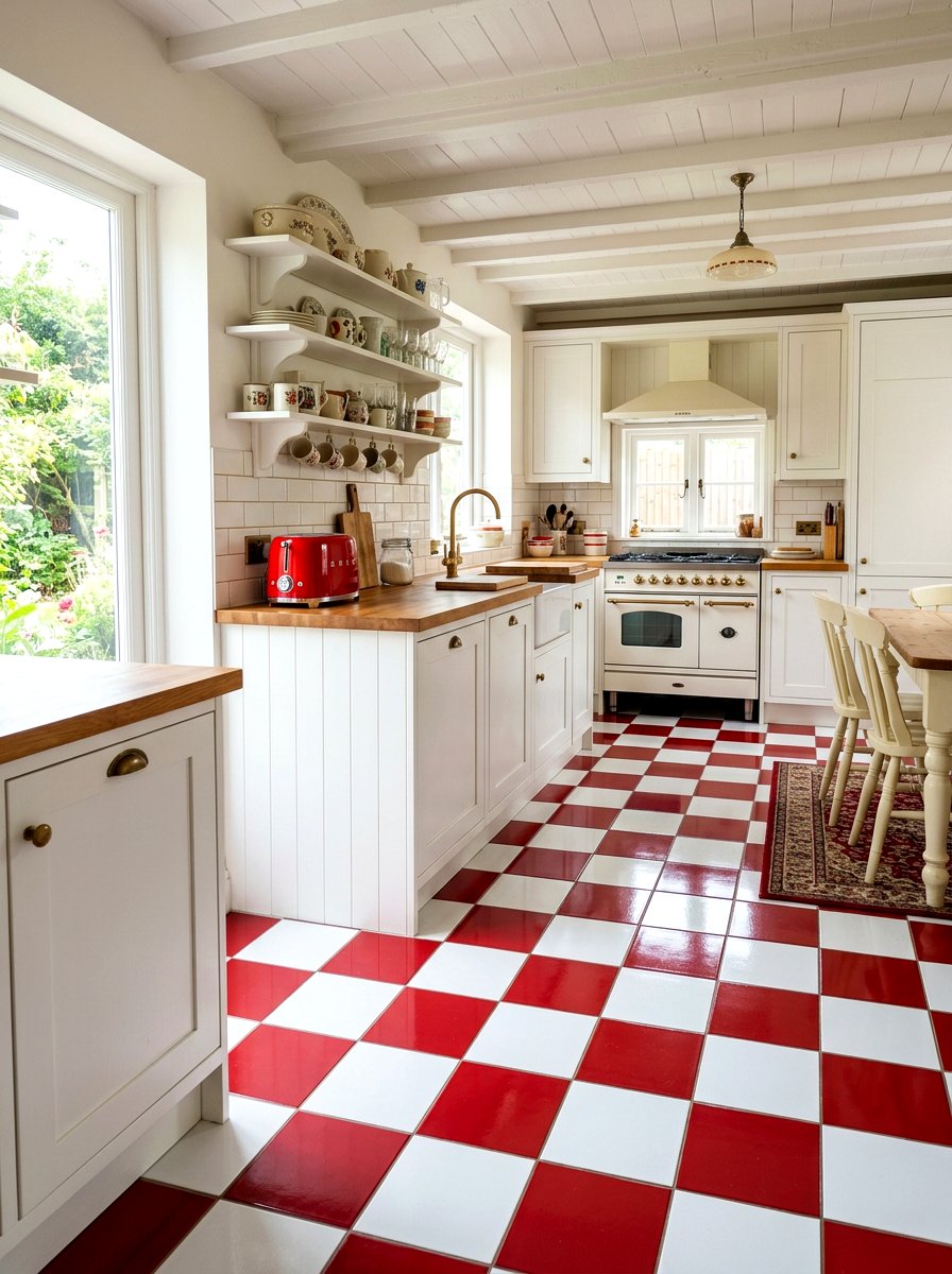 Red And White Checkered Floor - 30 English cottage kitchen ideas