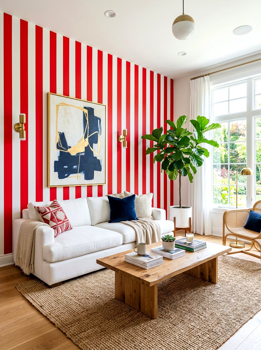 Red And White Stripe Accent Wall - 30 circus stripe living room ideas
