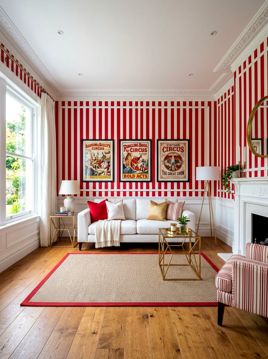 Red And White Striped Living Room - 30 circus inspired living room ideas