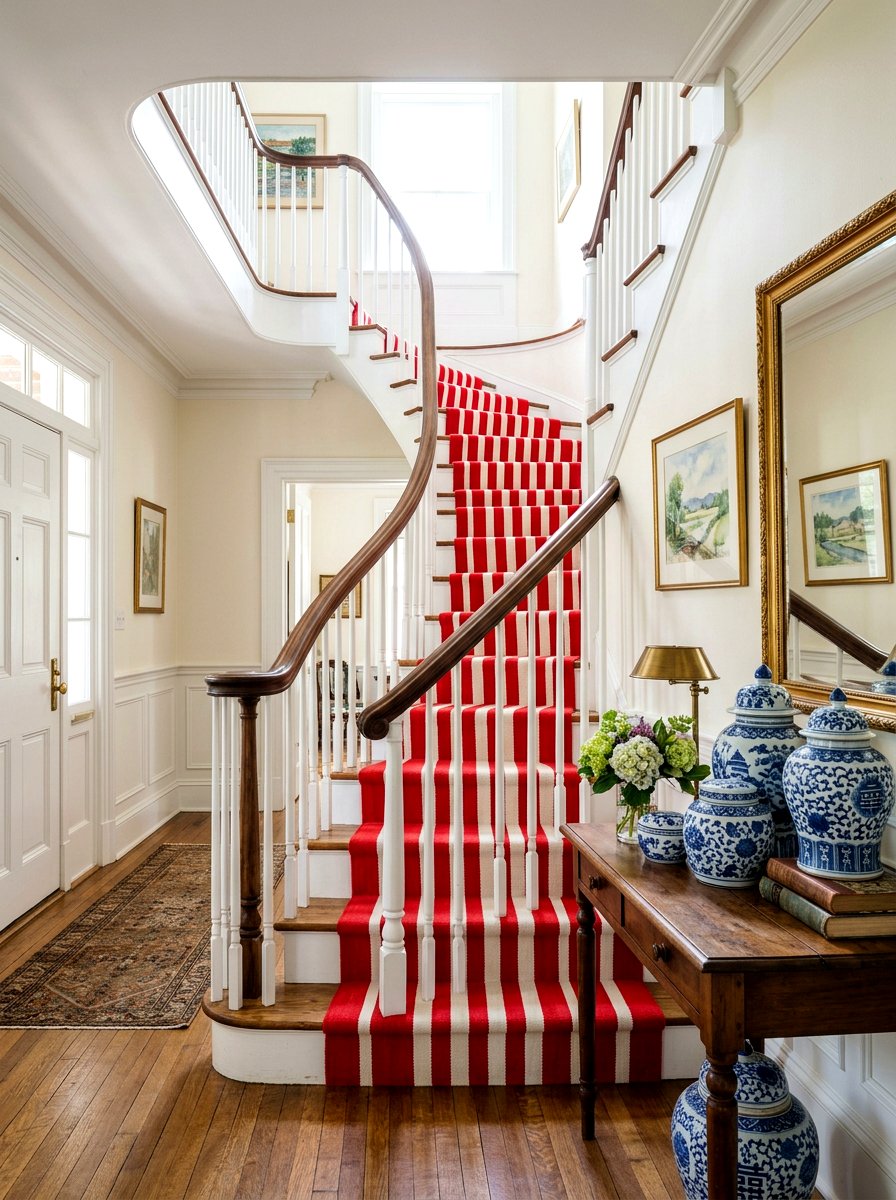 Red And White Striped Stair Runner - 30 stair runner stripe ideas