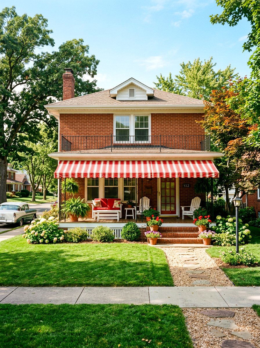Red And White Vintage Striped Awning - 30 striped awning front porch ideas