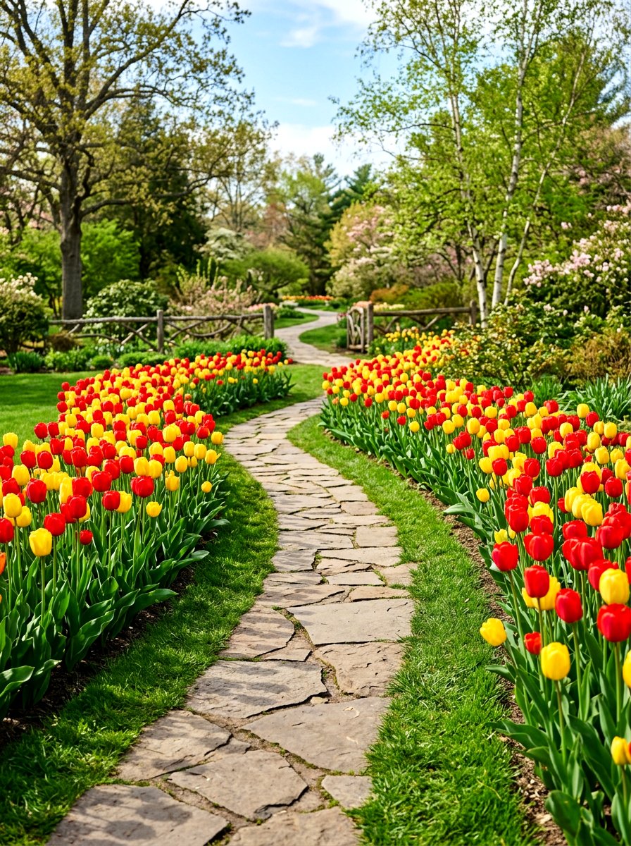 Red And Yellow Tulip Path - 30 tulip border ideas
