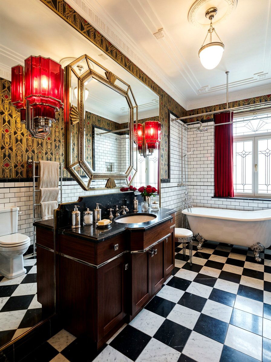 Red Art Deco Lamp - 30 red light bathroom ideas