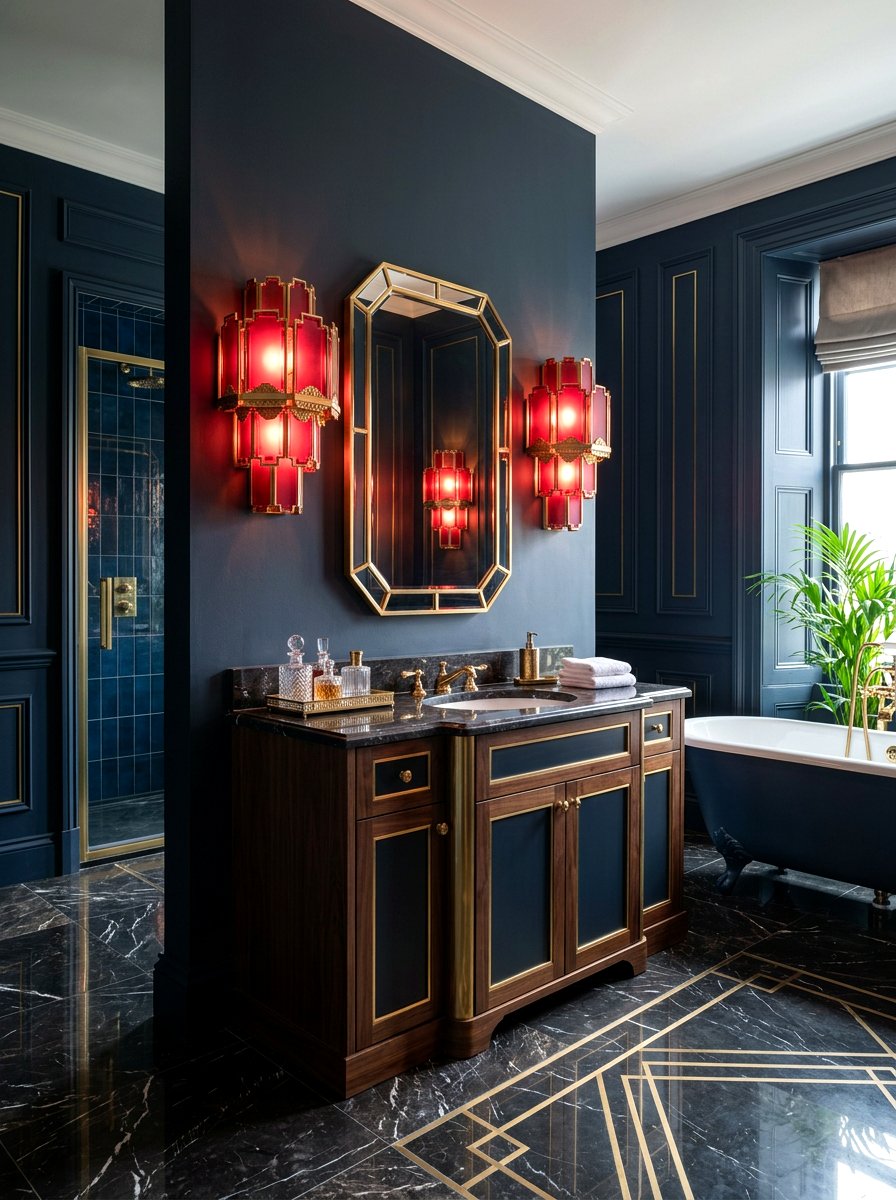 Red Art Deco Sconce - 30 red light bathroom decor ideas