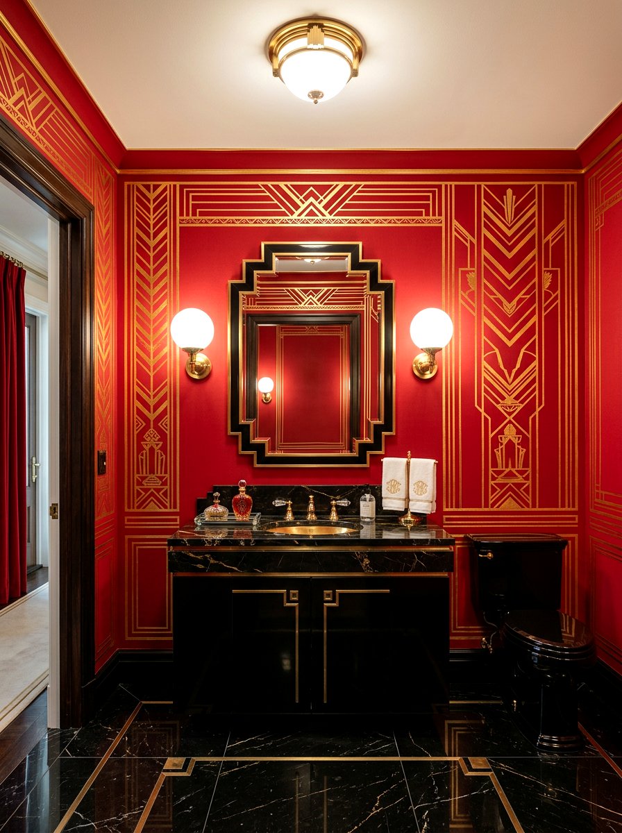 Red Art Deco Style Powder Room - 30 cherry red powder room ideas