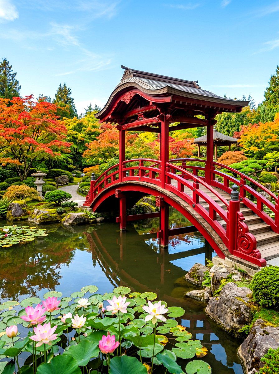 Red Asian Bridge - 30 pond bridge ideas