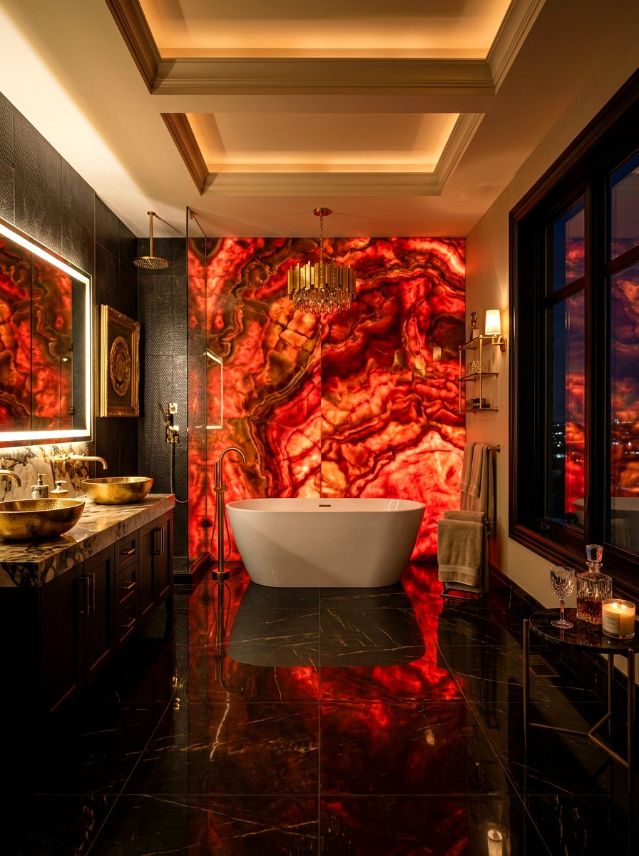 Red Backlit Onyx Panel - 30 red light bathroom ideas