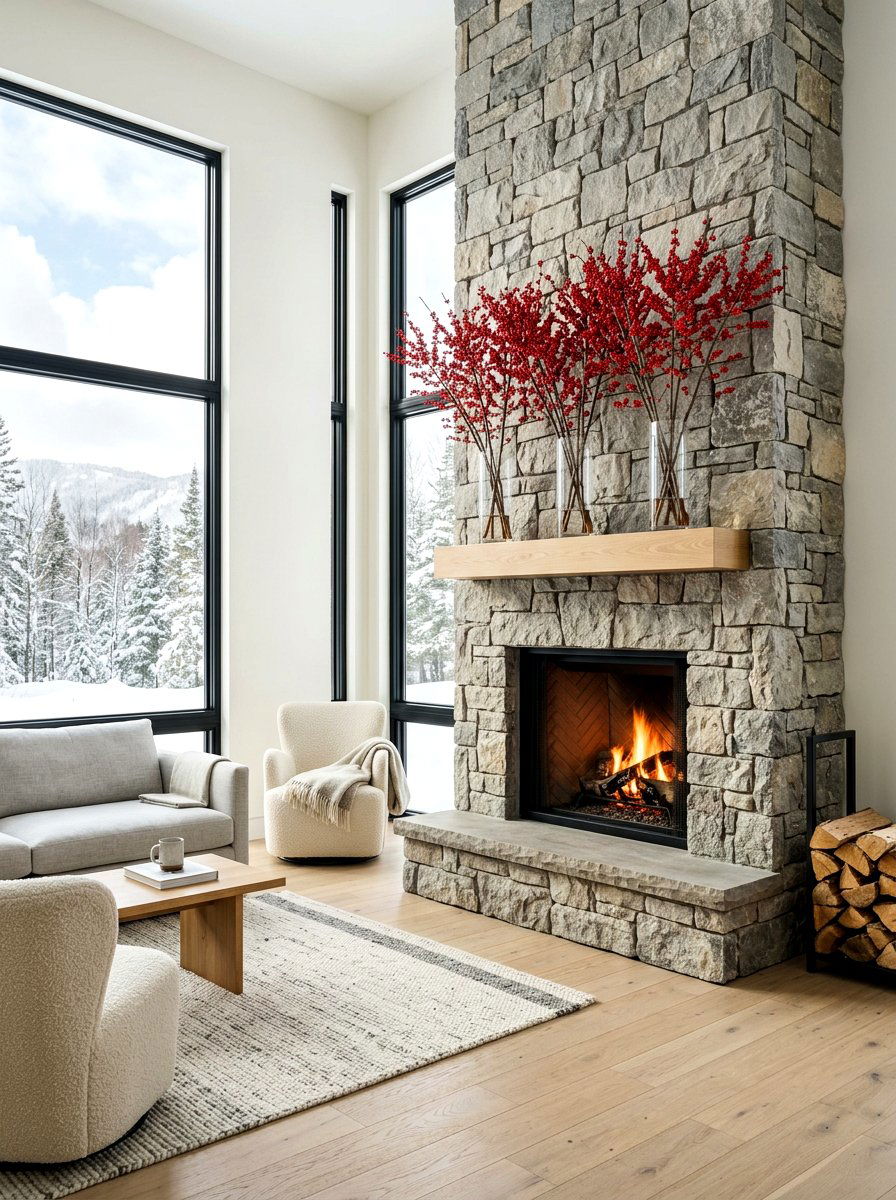 Red Berry Branch Winter Mantel - 30 Valentine mantel ideas