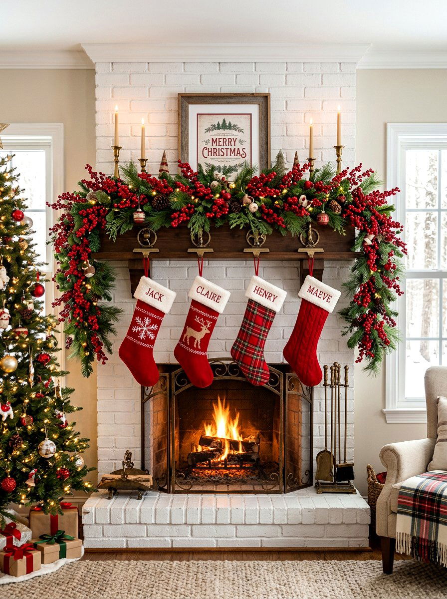 Red Berry Mantel - 30 holiday mantel garland ideas