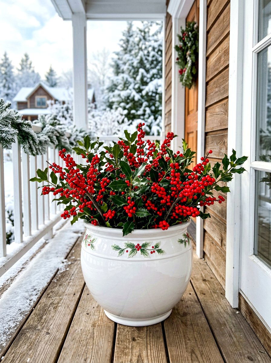 Red Berry Sprigs White Ceramic - 30 winter porch planter ideas