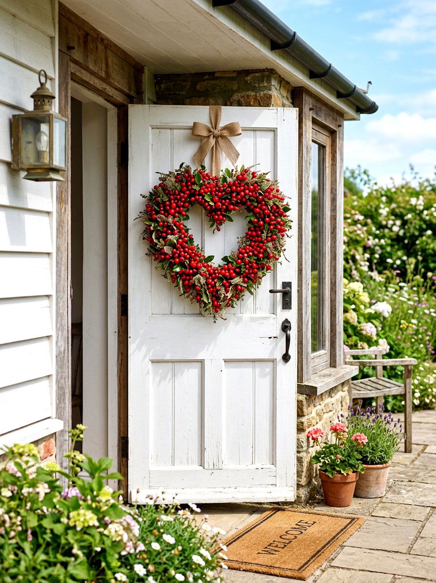 Red Berry Wreath - 30 front porch Valentine decor ideas