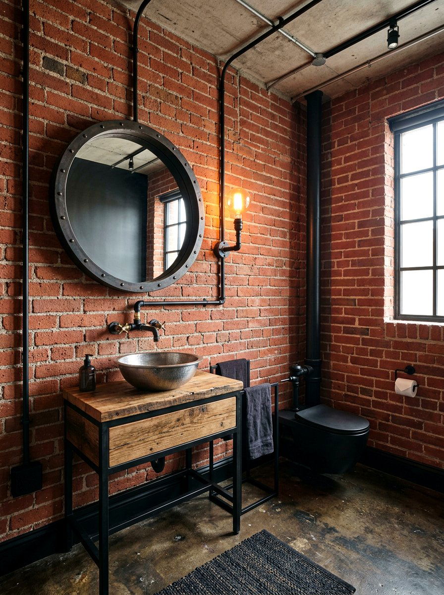 Red Black Industrial Powder Room Design - 30 cherry red powder room ideas