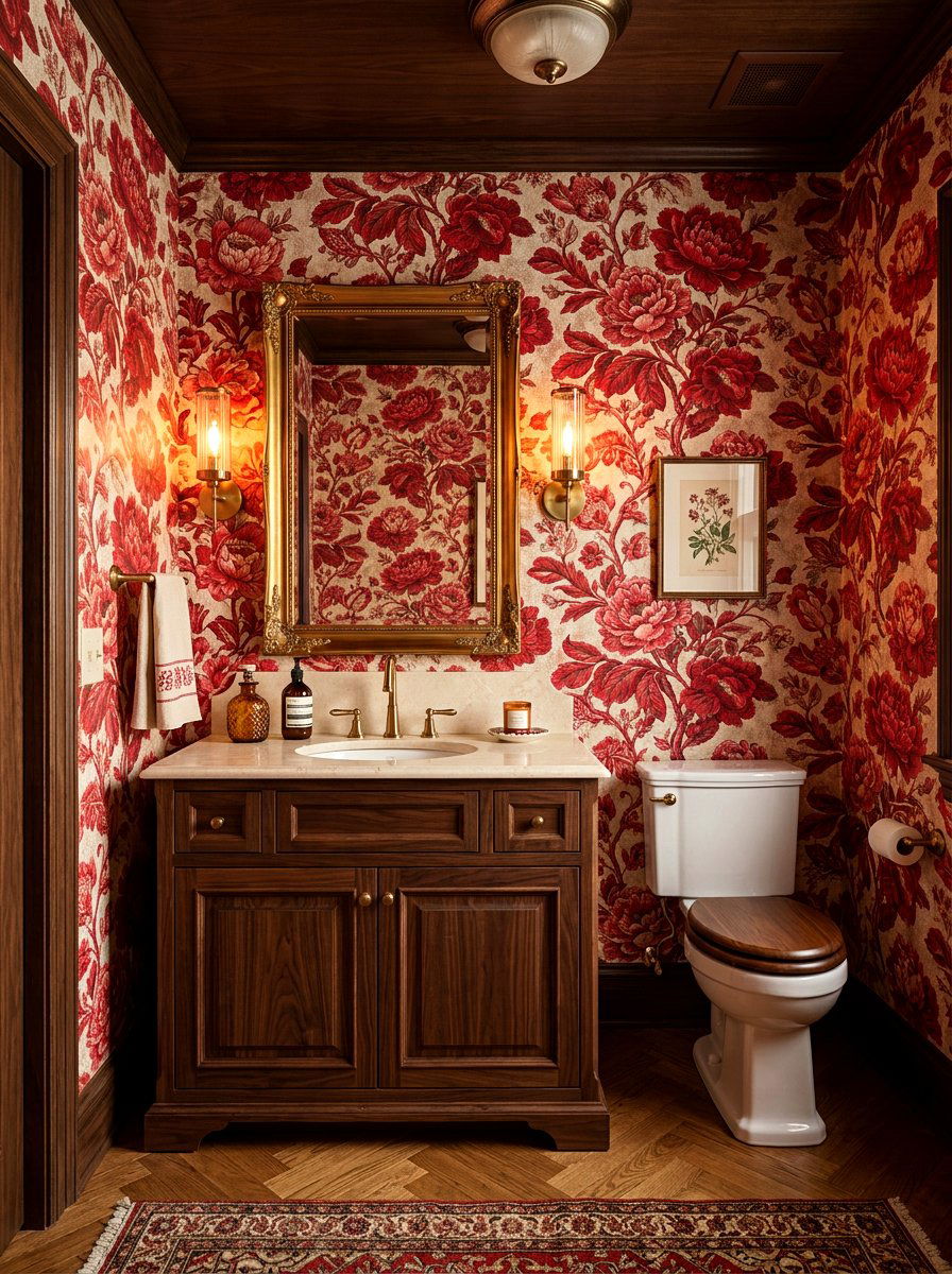 Red Botanical Wallpaper Powder Room - 30 cherry red powder room ideas