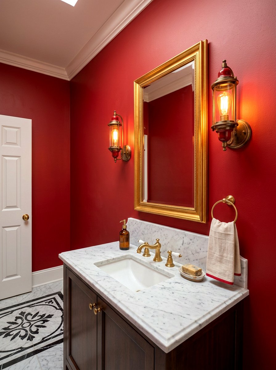 Red Brass Sconce Powder Room Lighting - 30 cherry red powder room ideas