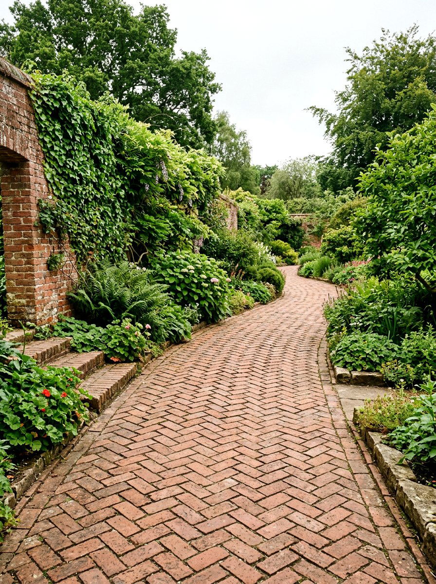 Red Brick Herringbone Curve - 30 curved walkway ideas