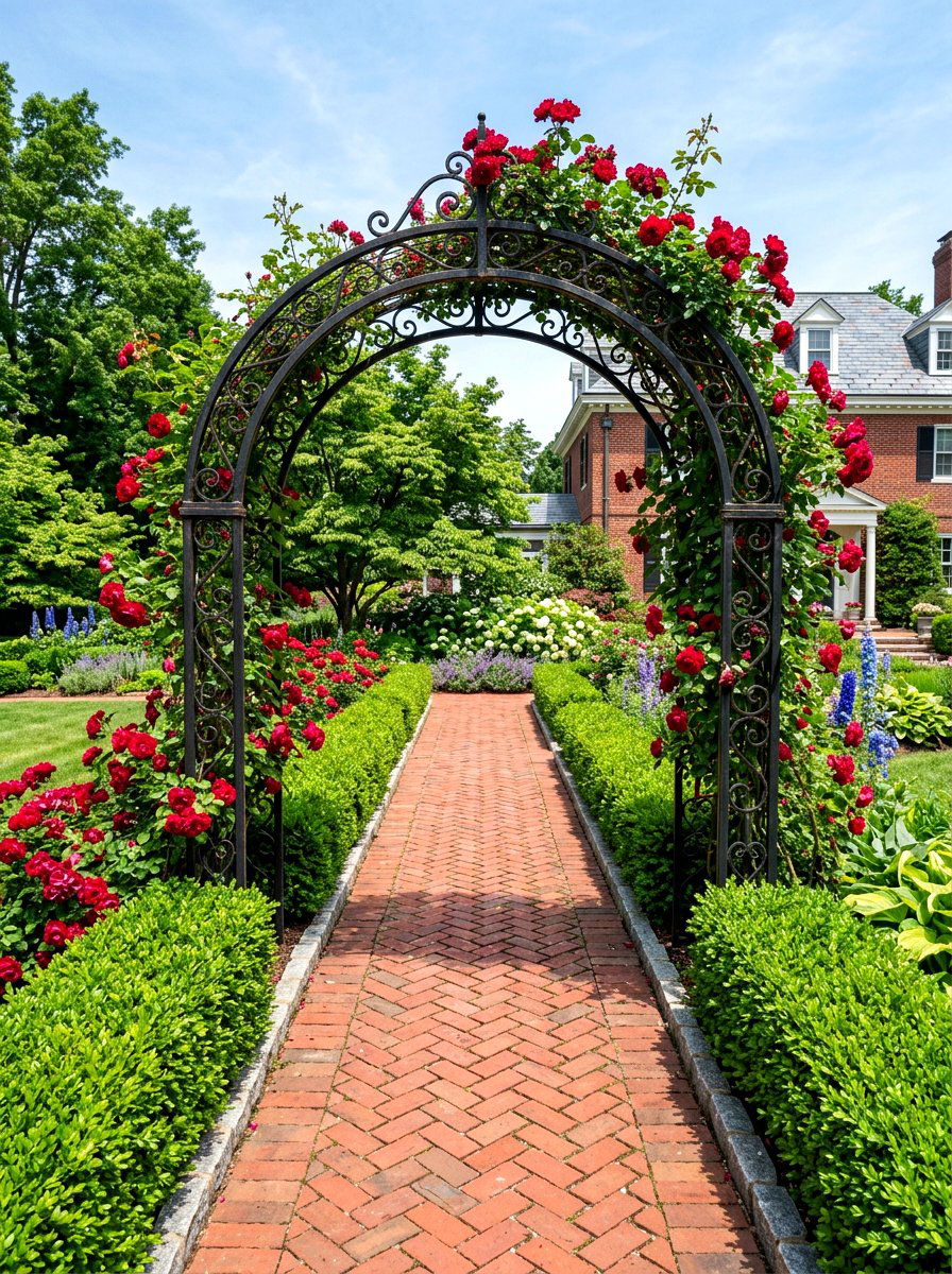 Red Brick Path Arbor - 30 arbor entrance ideas