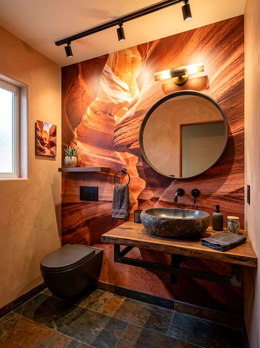 Red Canyon Rock Mural - 30 landscape mural powder room ideas
