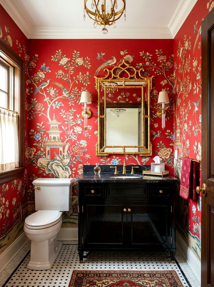 Red Chinoiserie Wallpaper Powder Room - 30 cherry red powder room ideas