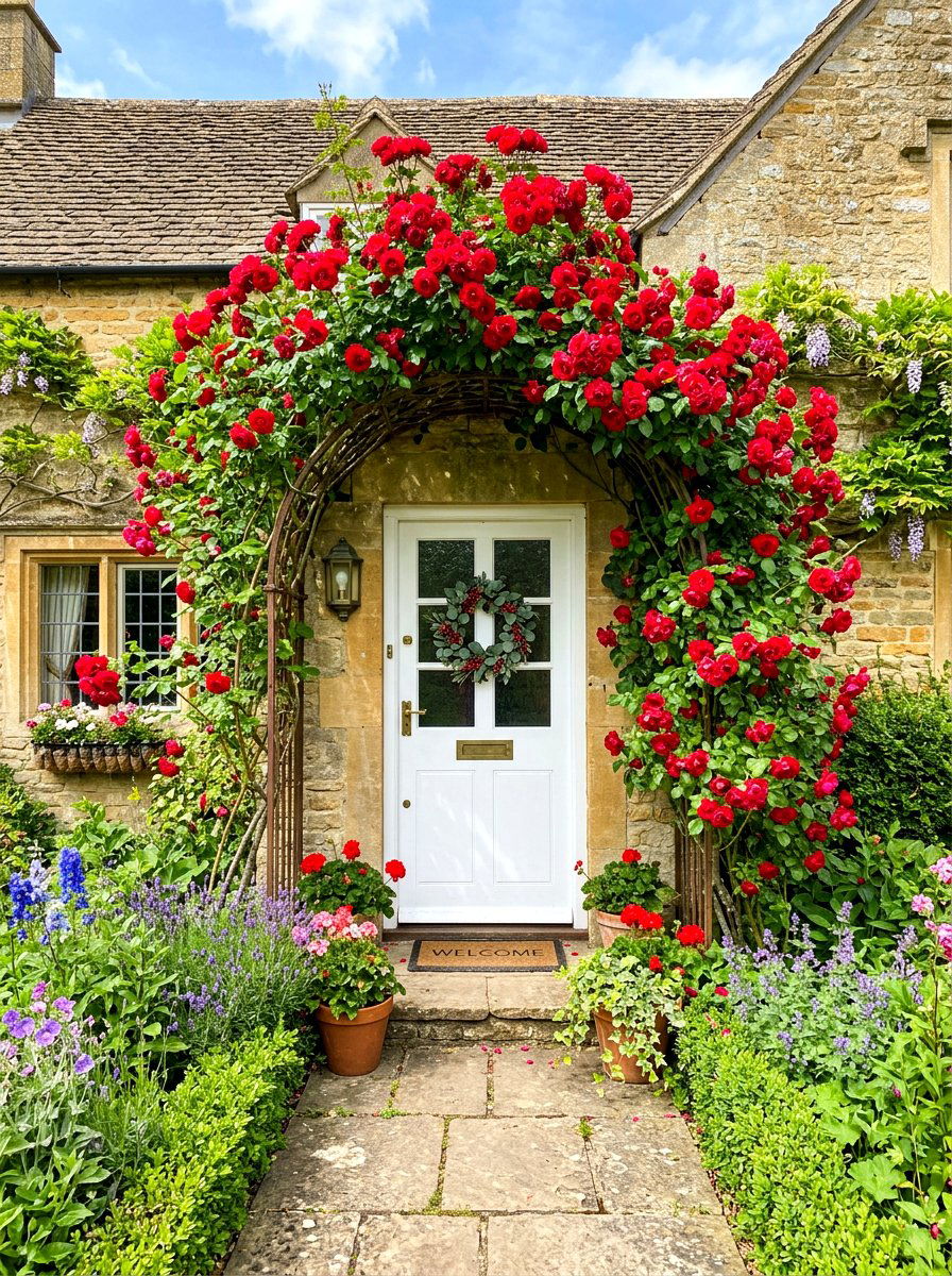 Red Climbing Rose Doorway - 30 cottage rose arbor ideas