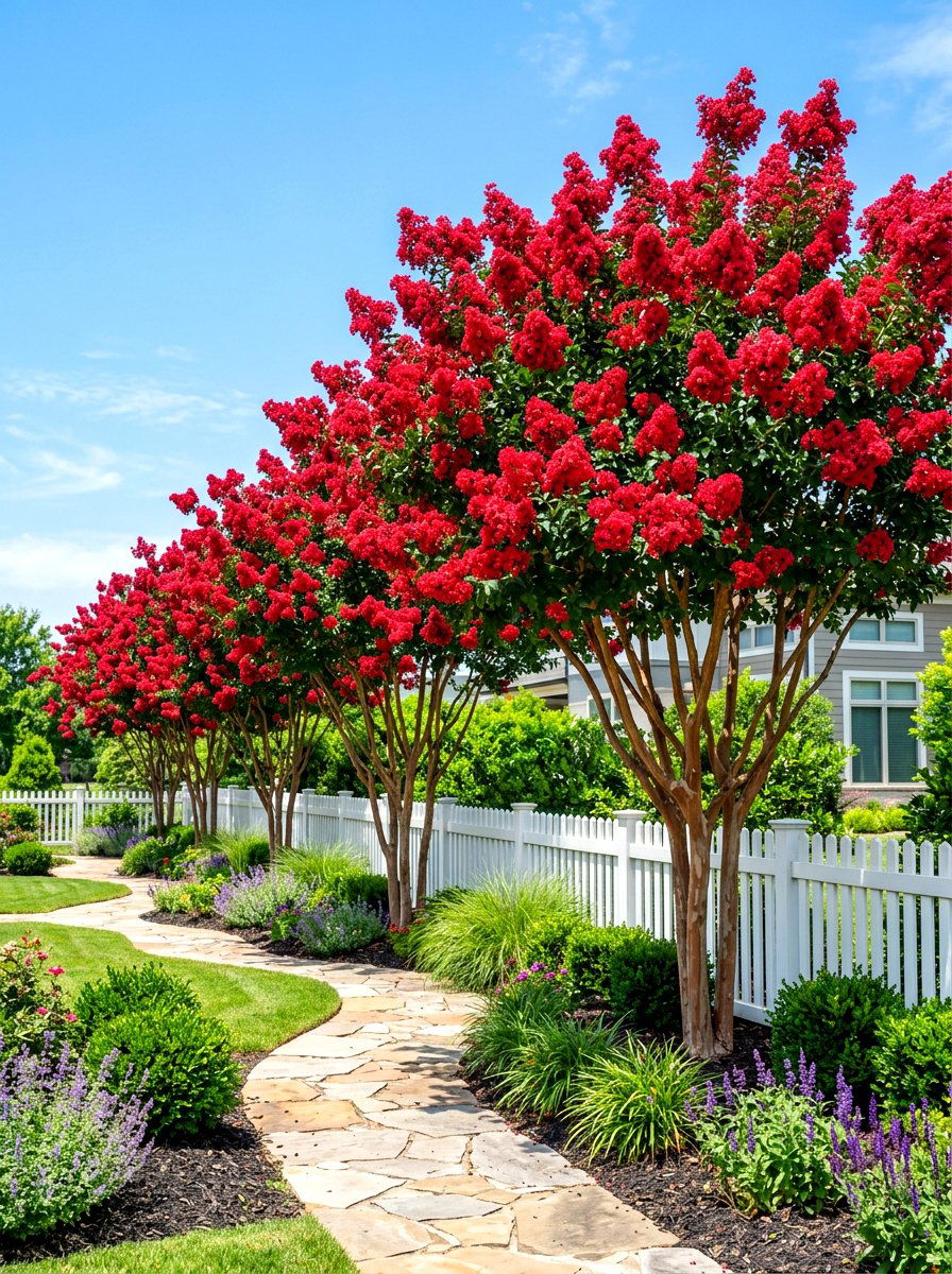 Red Crepe Myrtle - 30 flowering tree garden ideas