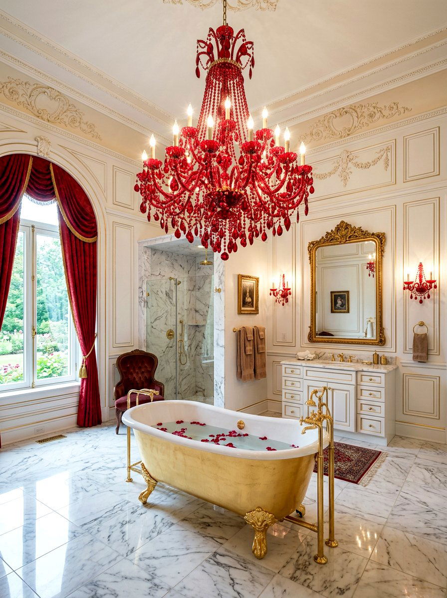 Red Crystal Chandelier - 30 red light bathroom ideas