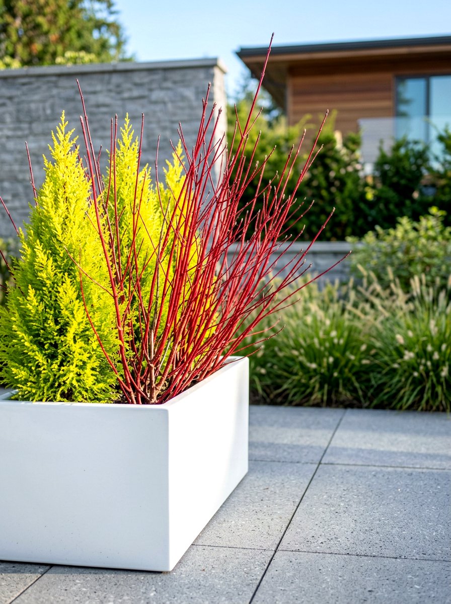 Red Dogwood Twig Pot - 30 winter container garden ideas