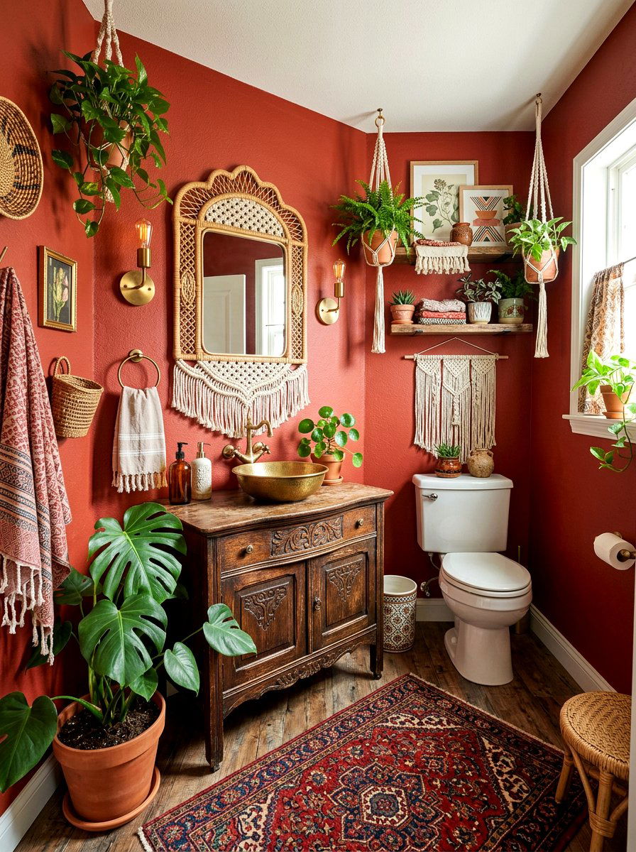 Red Eclectic Boho Powder Room Design - 30 cherry red powder room ideas