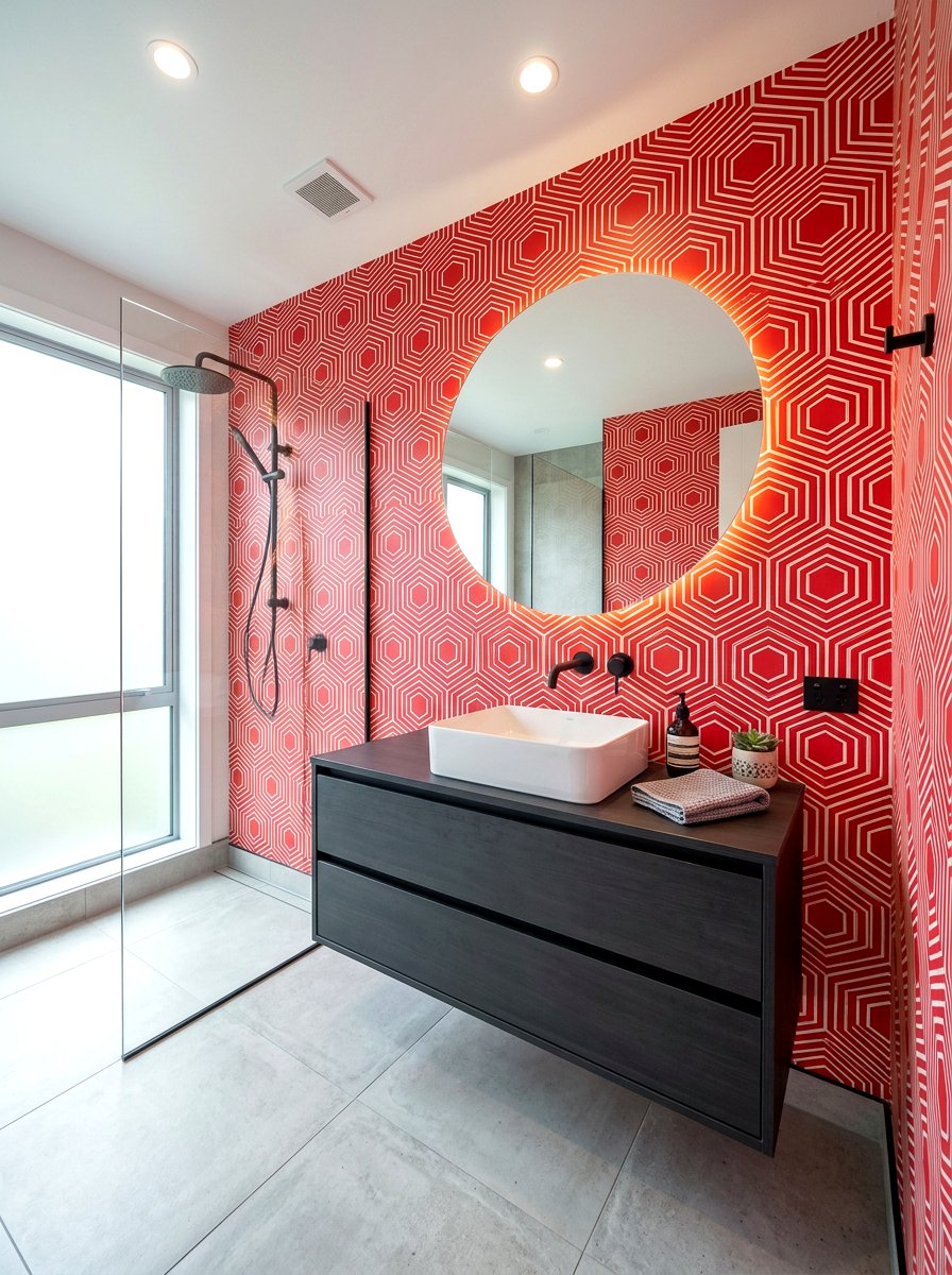 Red Geometric Pattern Bathroom Wallpaper - 30 cherry red powder room ideas