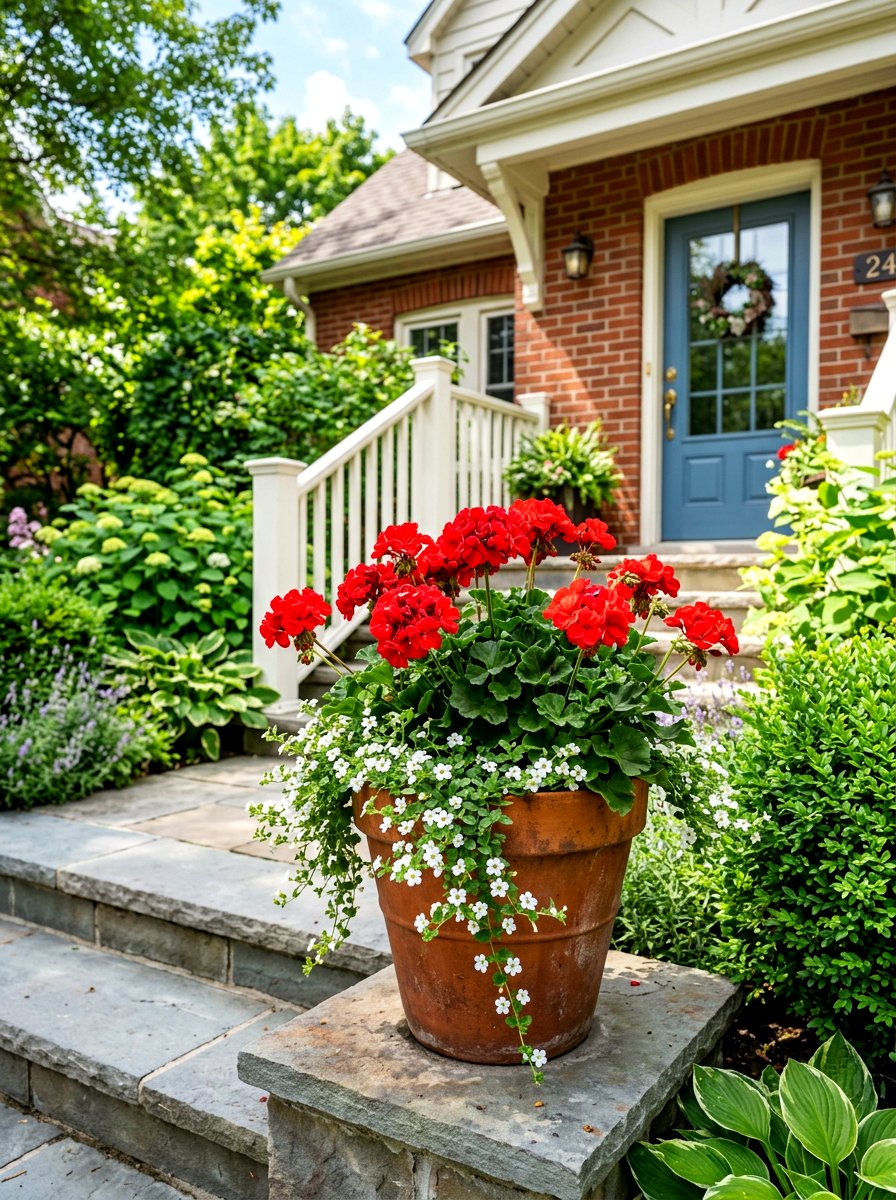 Red Geranium Container - 30 summer container garden ideas