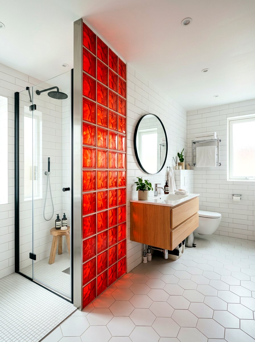 Red Glass Block Wall - 30 red light bathroom ideas