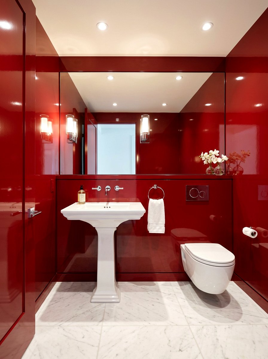 Red Glossy Lacquer Powder Room - 30 cherry red powder room ideas