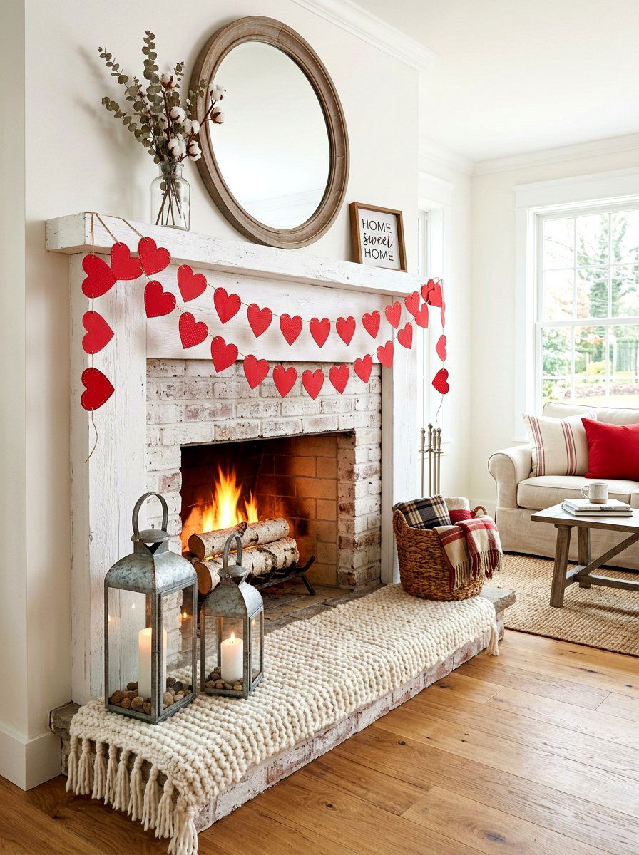 Red Heart Garland Farmhouse Mantel - 30 Valentine mantel ideas