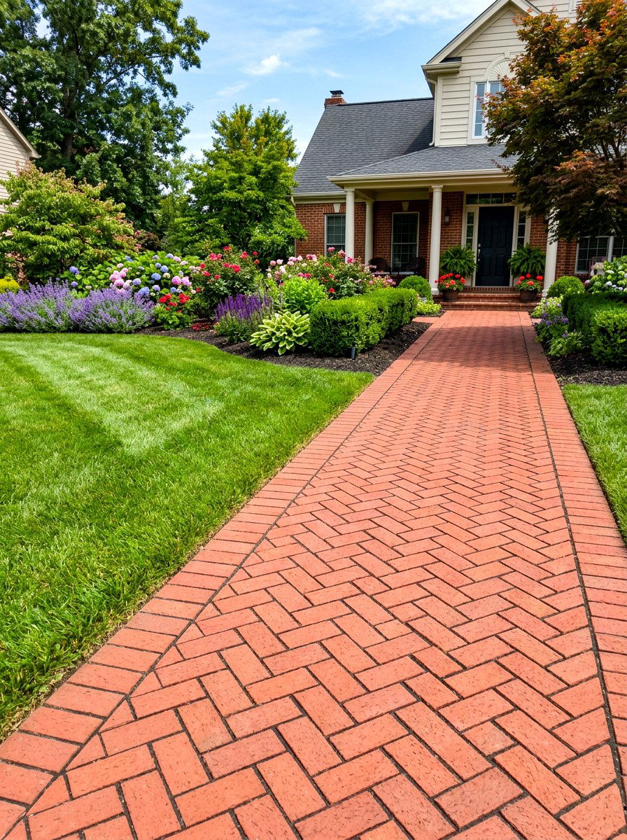 Red Herringbone Walkway - 30 brick walkway ideas