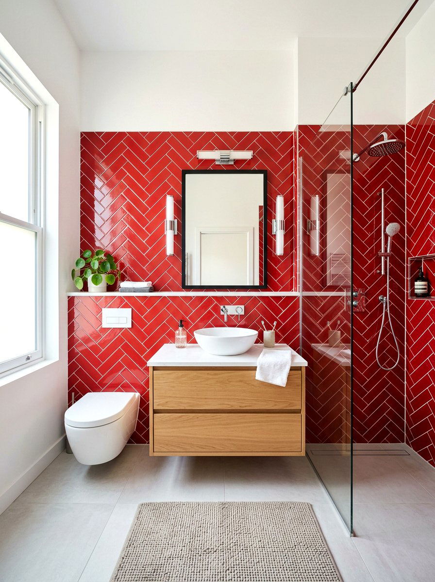 Red High Gloss Subway Tile Bathroom - 30 cherry red powder room ideas