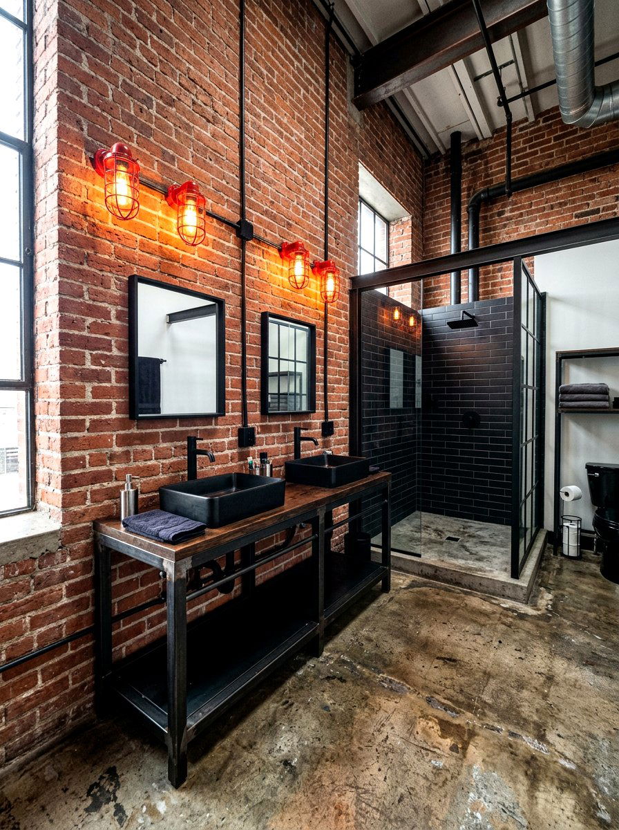Red Industrial Cage Light - 30 red light bathroom ideas