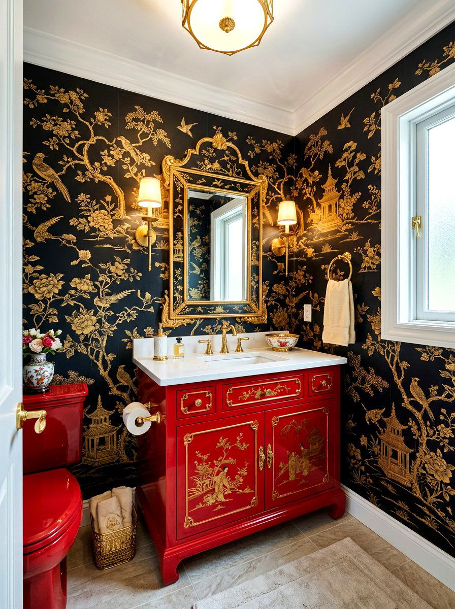 Red Lacquer Chinoiserie Powder Room - 30 chinoiserie powder room ideas